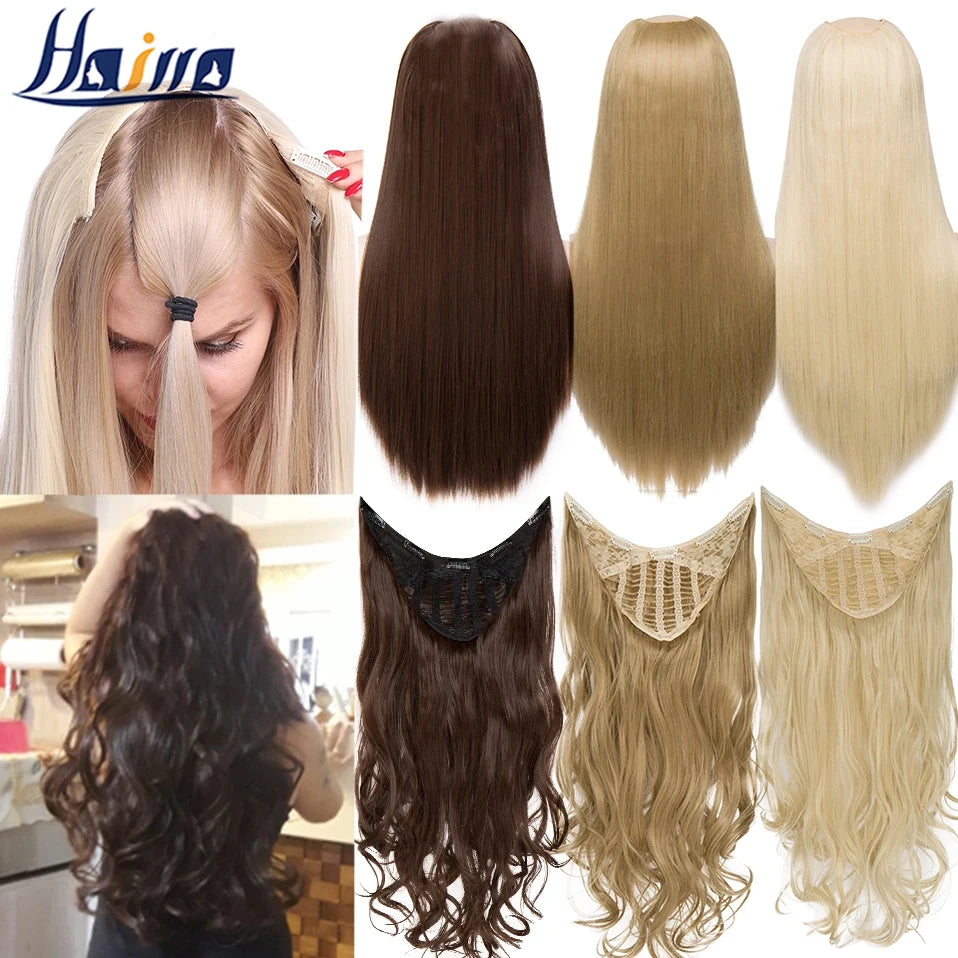 HAIRRO Clip in Hair Extension U part Natural Hair Straight Long Blonde Black False Hair Piece Synthetic Hairpiece Heat Resistant - ShopMyNet