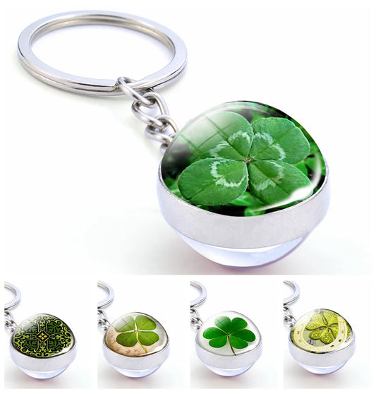 Four Leaf Clover Ireland Green Lucky Keychain St Patricks Day Gift Irish Jewelry Cuckooflower Glass Ball Key Rings Pendant Gift - ShopMyNet