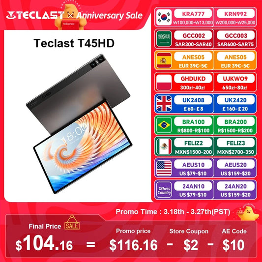 Teclast T45HD 10.51 inch Tablet Android 13 Incell Fully Laminated 8GB+8GB RAM 128GB ROM UNISOC T606 8-Core 1200x1920 IPS 4G LTE